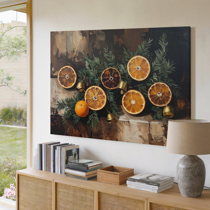 Rustic Orange & Pine Holiday Canvas – Festive Still Life with Bells - Gifitto