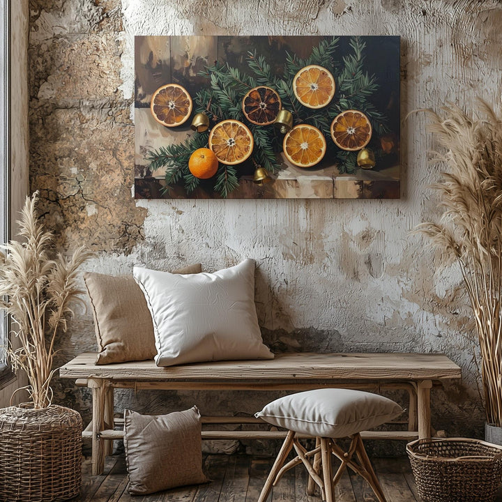Rustic Orange & Pine Holiday Canvas – Festive Still Life with Bells - Gifitto