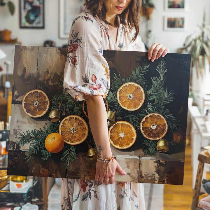 Rustic Orange & Pine Holiday Canvas – Festive Still Life with Bells - Gifitto