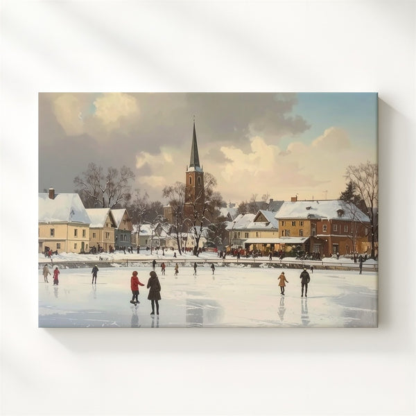 Festive Town Square Skating Canvas – Vintage Winter Holiday Scene - Gifitto