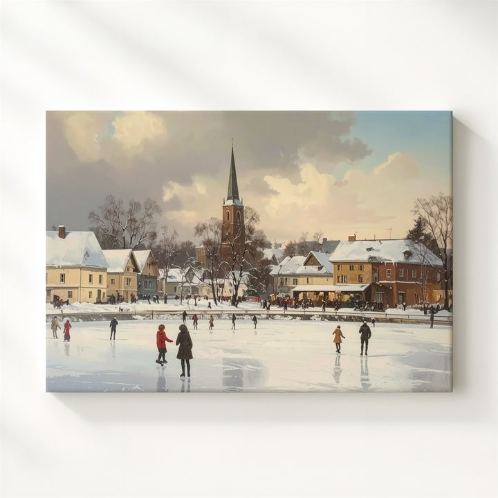 Festive Town Square Skating Canvas – Vintage Winter Holiday Scene - Gifitto