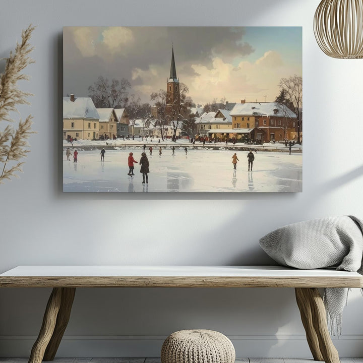 Festive Town Square Skating Canvas – Vintage Winter Holiday Scene - Gifitto