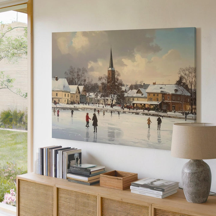 Festive Town Square Skating Canvas – Vintage Winter Holiday Scene - Gifitto