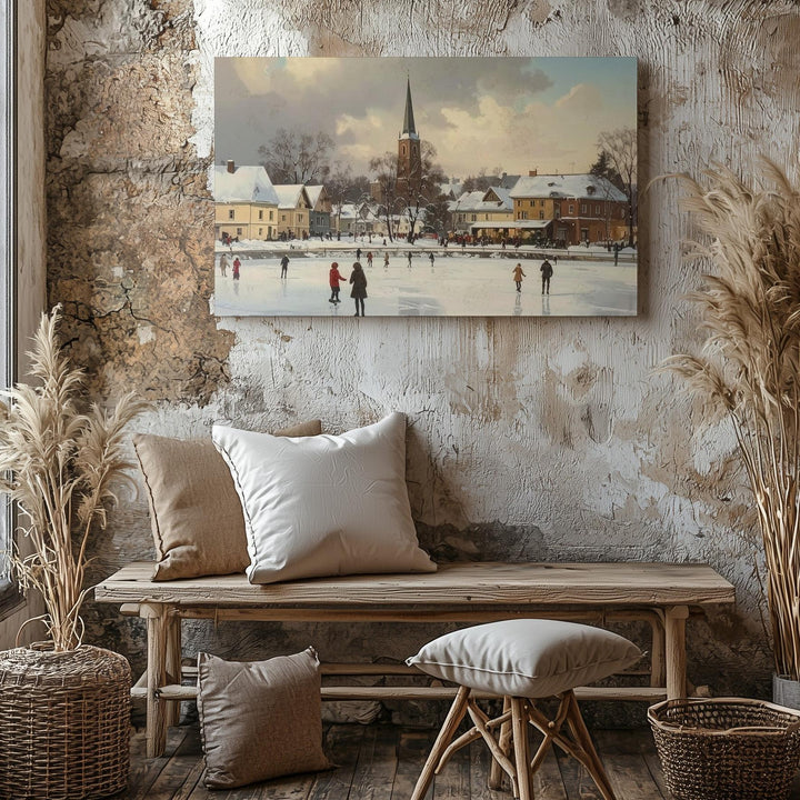 Festive Town Square Skating Canvas – Vintage Winter Holiday Scene - Gifitto