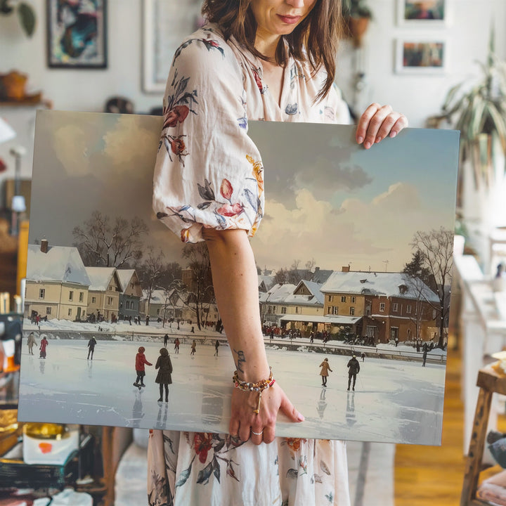 Festive Town Square Skating Canvas – Vintage Winter Holiday Scene - Gifitto