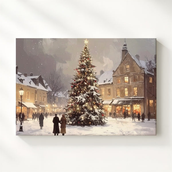 Festive Town Square Christmas Canvas – Glowing Tree & Holiday Gathering Art - Gifitto