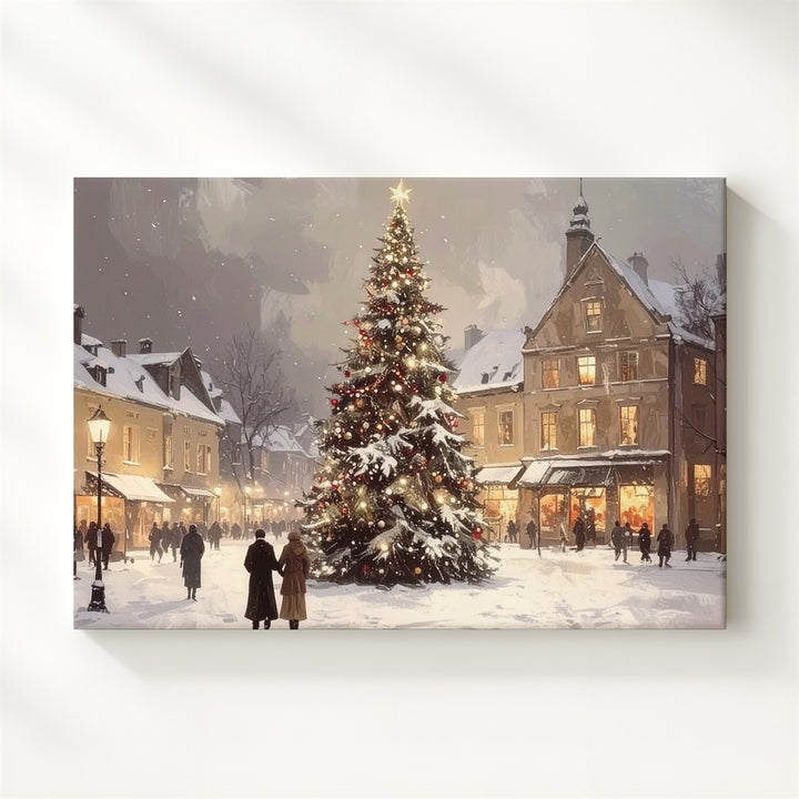 Festive Town Square Christmas Canvas – Glowing Tree & Holiday Gathering Art - Gifitto