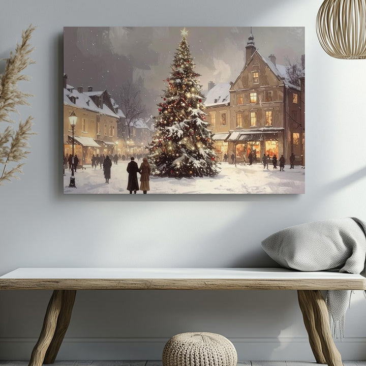 Festive Town Square Christmas Canvas – Glowing Tree & Holiday Gathering Art - Gifitto