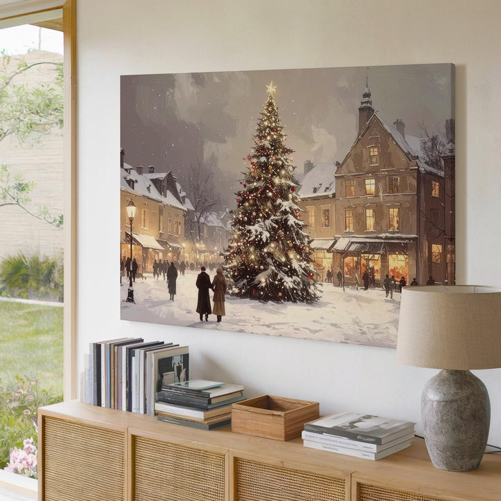 Festive Town Square Christmas Canvas – Glowing Tree & Holiday Gathering Art - Gifitto