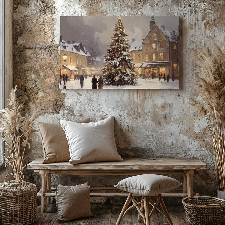 Festive Town Square Christmas Canvas – Glowing Tree & Holiday Gathering Art - Gifitto