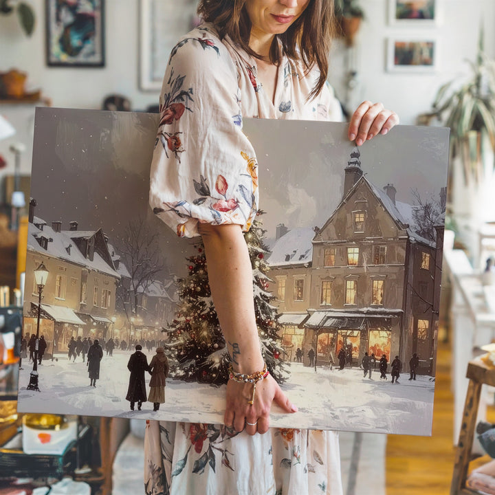 Festive Town Square Christmas Canvas – Glowing Tree & Holiday Gathering Art - Gifitto