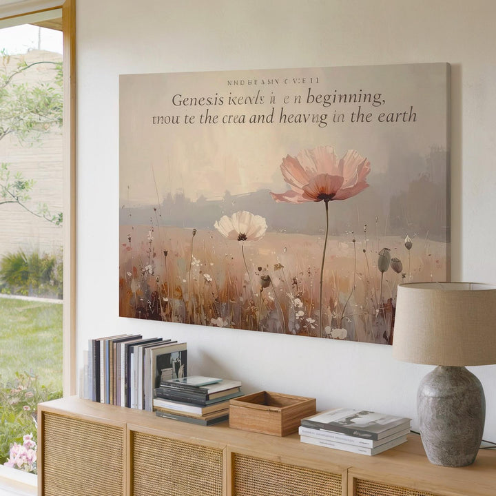 Genesis 1:1 Blush Poppy Canvas – Minimalist Scripture Wall Art - Gifitto