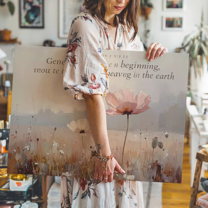 Genesis 1:1 Blush Poppy Canvas – Minimalist Scripture Wall Art - Gifitto