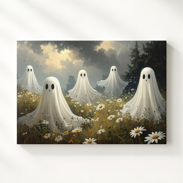 Meadow Spirits Canvas – Playful Ghosts Above Wildflowers in a Whimsical Halloween Scene - Gifitto