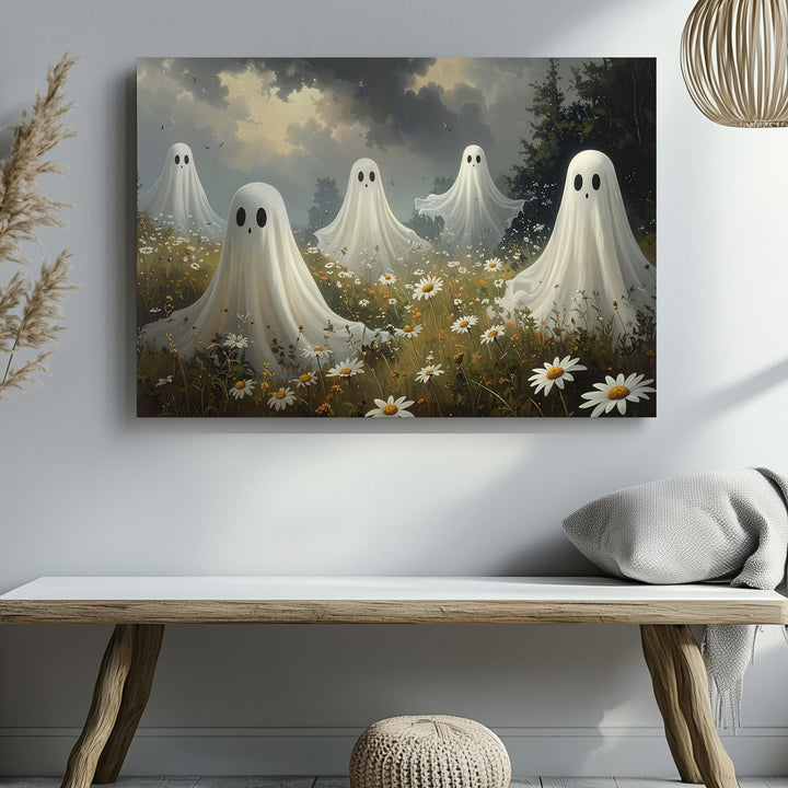 Meadow Spirits Canvas – Playful Ghosts Above Wildflowers in a Whimsical Halloween Scene - Gifitto