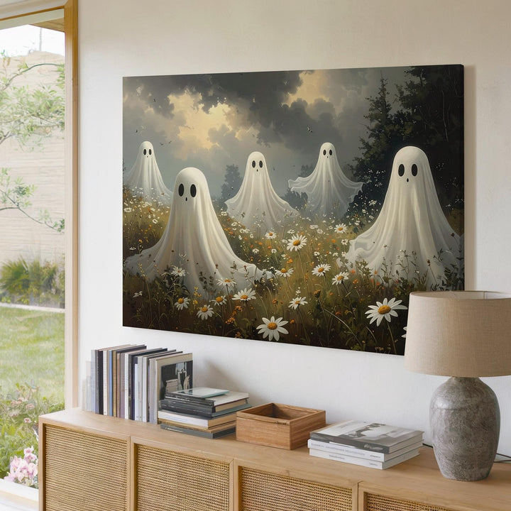 Meadow Spirits Canvas – Playful Ghosts Above Wildflowers in a Whimsical Halloween Scene - Gifitto