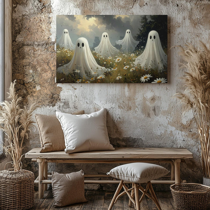 Meadow Spirits Canvas – Playful Ghosts Above Wildflowers in a Whimsical Halloween Scene - Gifitto
