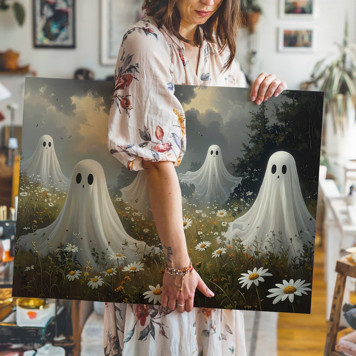 Meadow Spirits Canvas – Playful Ghosts Above Wildflowers in a Whimsical Halloween Scene - Gifitto