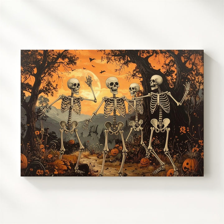 Dancing Skeleton Mischief Canvas – Whimsical Halloween Forest Party Art - Gifitto