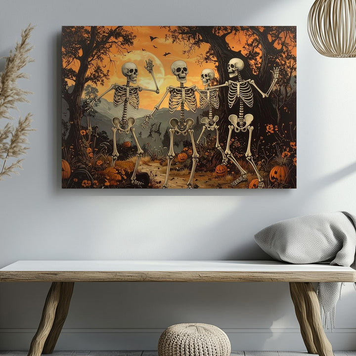 Dancing Skeleton Mischief Canvas – Whimsical Halloween Forest Party Art - Gifitto