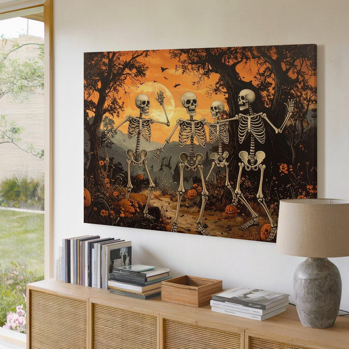 Dancing Skeleton Mischief Canvas – Whimsical Halloween Forest Party Art - Gifitto