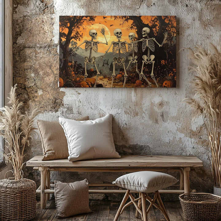 Dancing Skeleton Mischief Canvas – Whimsical Halloween Forest Party Art - Gifitto