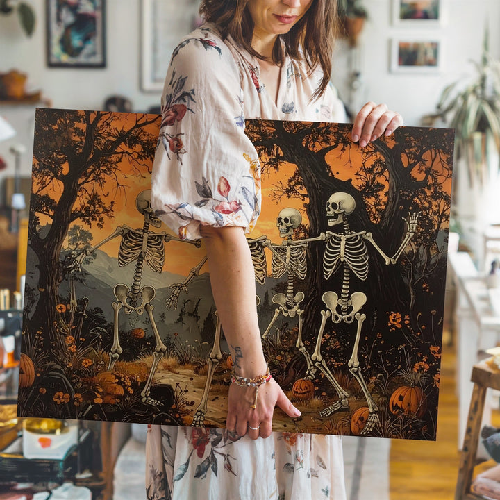 Dancing Skeleton Mischief Canvas – Whimsical Halloween Forest Party Art - Gifitto