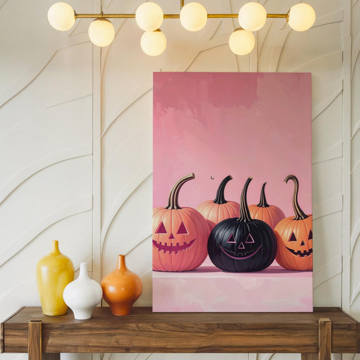 Pink Halloween Jack-O’-Lantern Canvas – Black Pumpkin Centerpiece Art - Gifitto