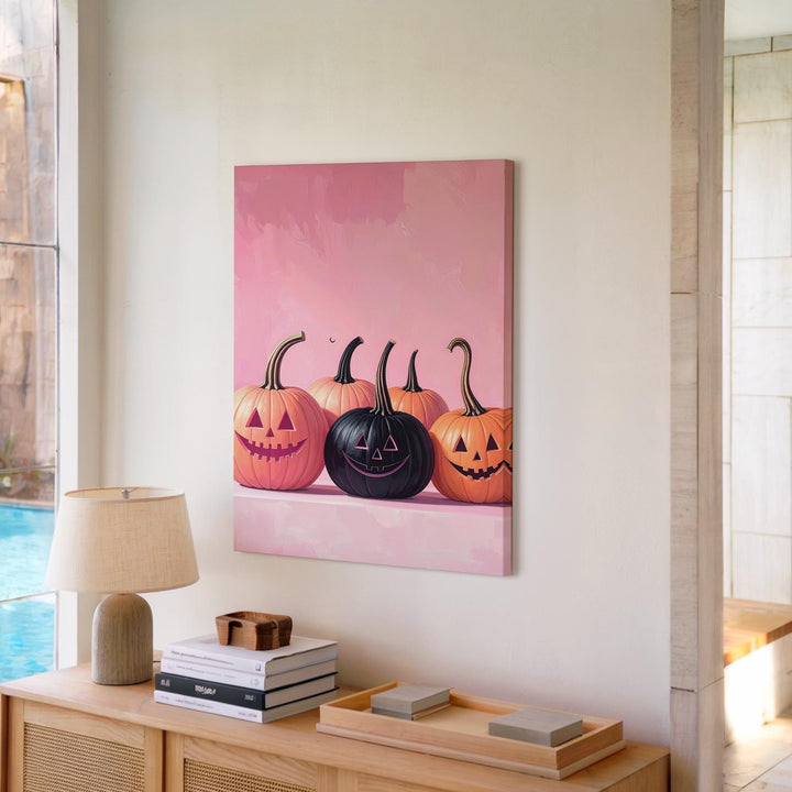 Pink Halloween Jack-O’-Lantern Canvas – Black Pumpkin Centerpiece Art - Gifitto