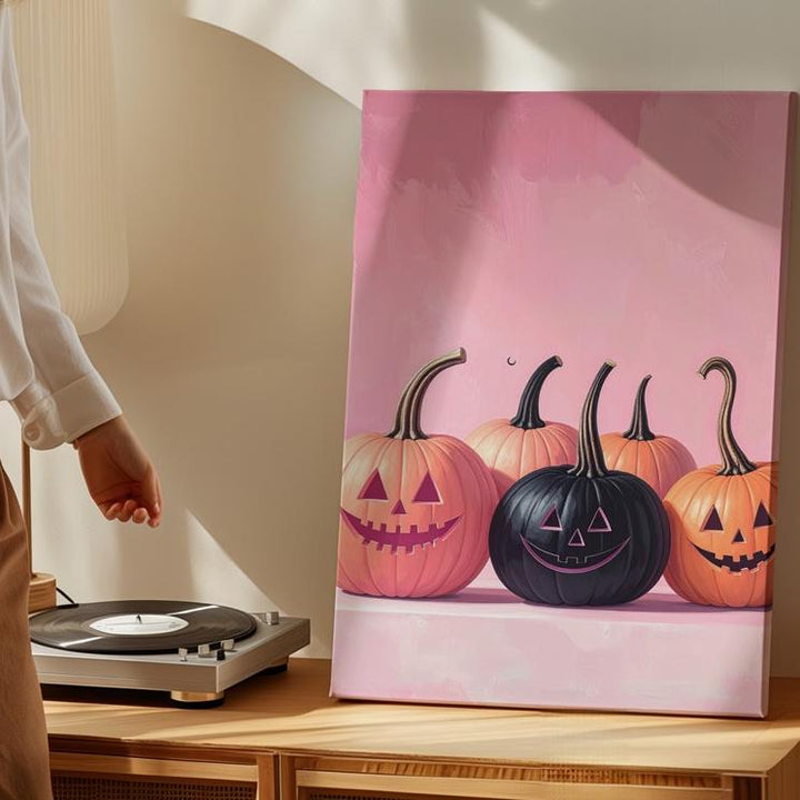 Pink Halloween Jack-O’-Lantern Canvas – Black Pumpkin Centerpiece Art - Gifitto