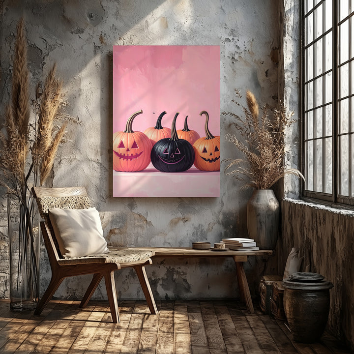 Pink Halloween Jack-O’-Lantern Canvas – Black Pumpkin Centerpiece Art - Gifitto