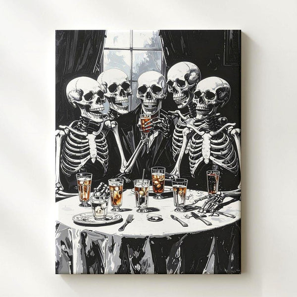 Skeleton Supper Club Canvas – Humorous Black & White Halloween Art - Gifitto