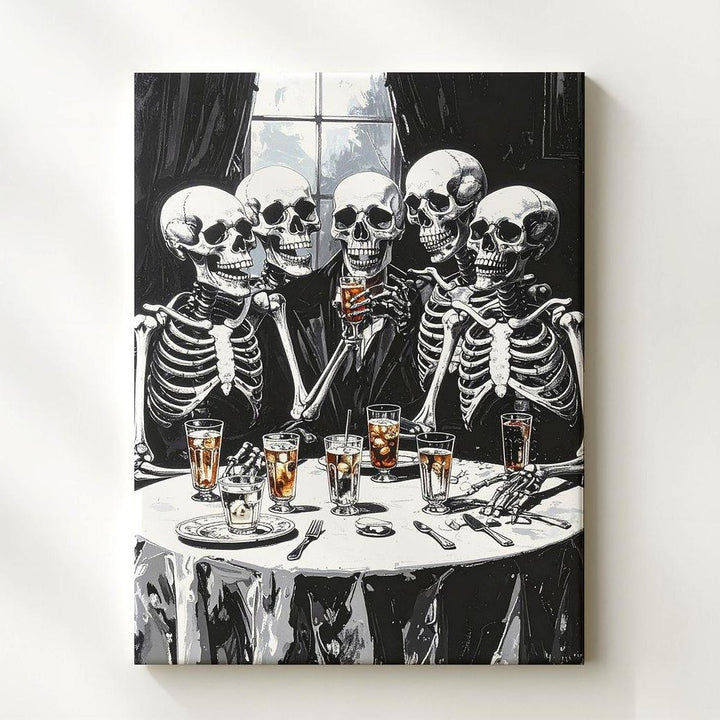 Skeleton Supper Club Canvas – Humorous Black & White Halloween Art - Gifitto