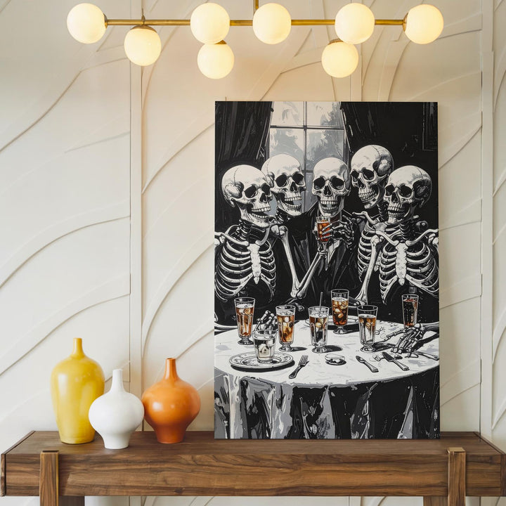 Skeleton Supper Club Canvas – Humorous Black & White Halloween Art - Gifitto