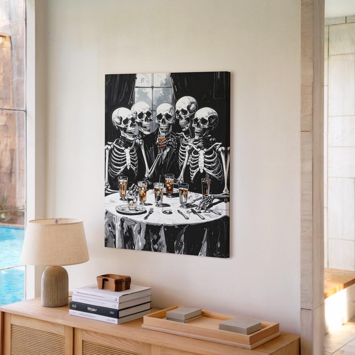 Skeleton Supper Club Canvas – Humorous Black & White Halloween Art - Gifitto