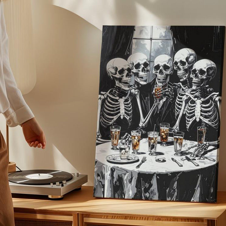 Skeleton Supper Club Canvas – Humorous Black & White Halloween Art - Gifitto