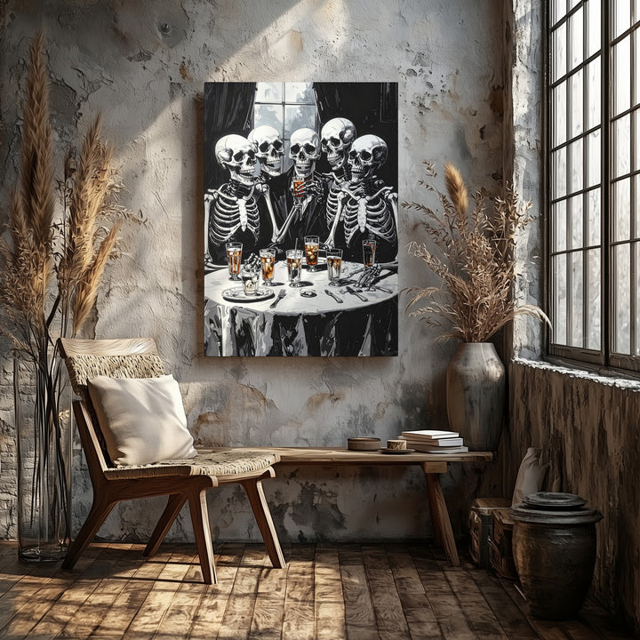 Skeleton Supper Club Canvas – Humorous Black & White Halloween Art - Gifitto