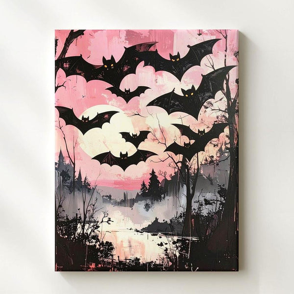 Glowing-Eyed Bat Swarm Canvas – Painterly Pink Halloween Horror Art - Gifitto