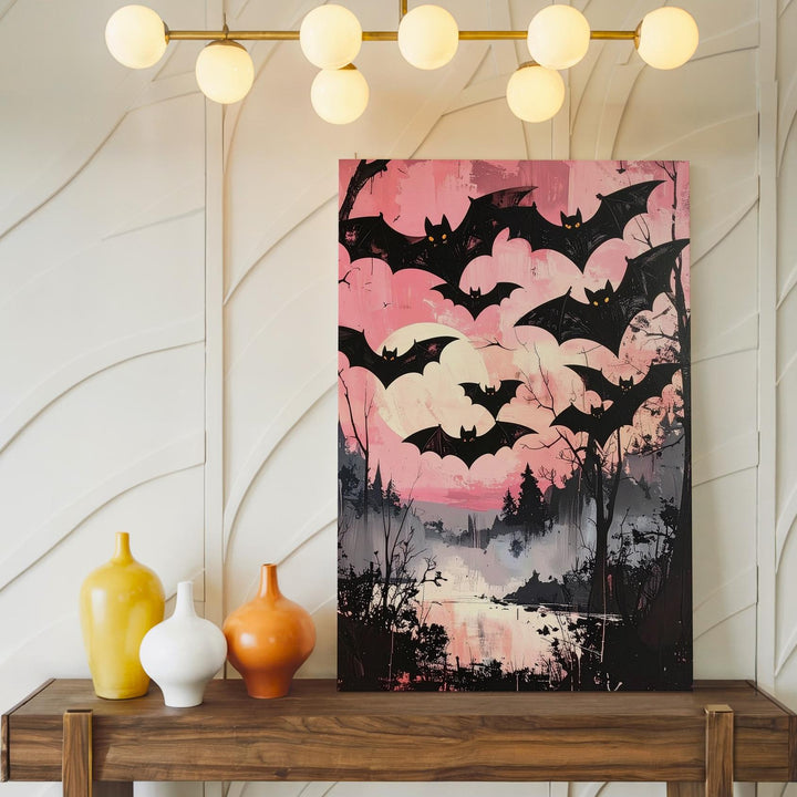Glowing-Eyed Bat Swarm Canvas – Painterly Pink Halloween Horror Art - Gifitto