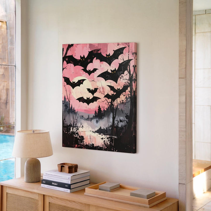 Glowing-Eyed Bat Swarm Canvas – Painterly Pink Halloween Horror Art - Gifitto