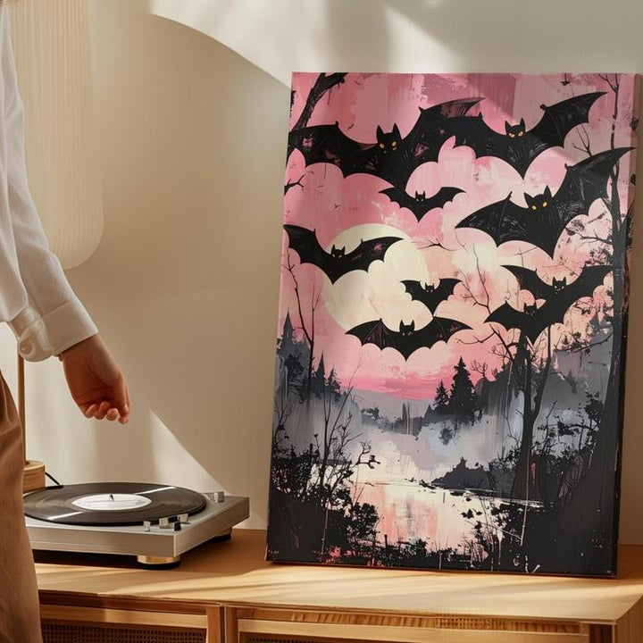 Glowing-Eyed Bat Swarm Canvas – Painterly Pink Halloween Horror Art - Gifitto