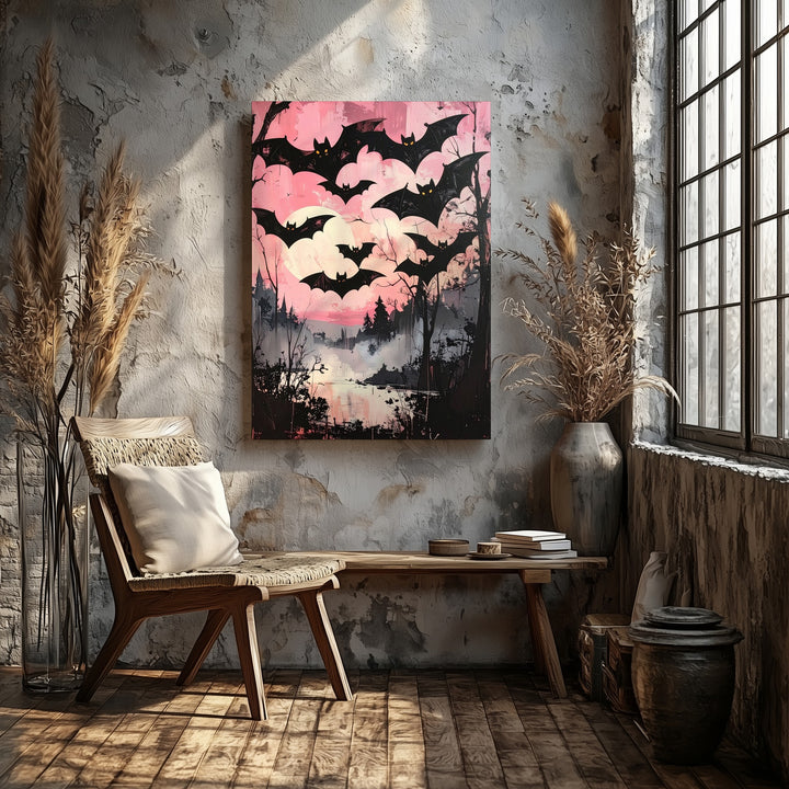 Glowing-Eyed Bat Swarm Canvas – Painterly Pink Halloween Horror Art - Gifitto