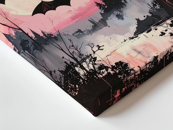 Glowing-Eyed Bat Swarm Canvas – Painterly Pink Halloween Horror Art - Gifitto
