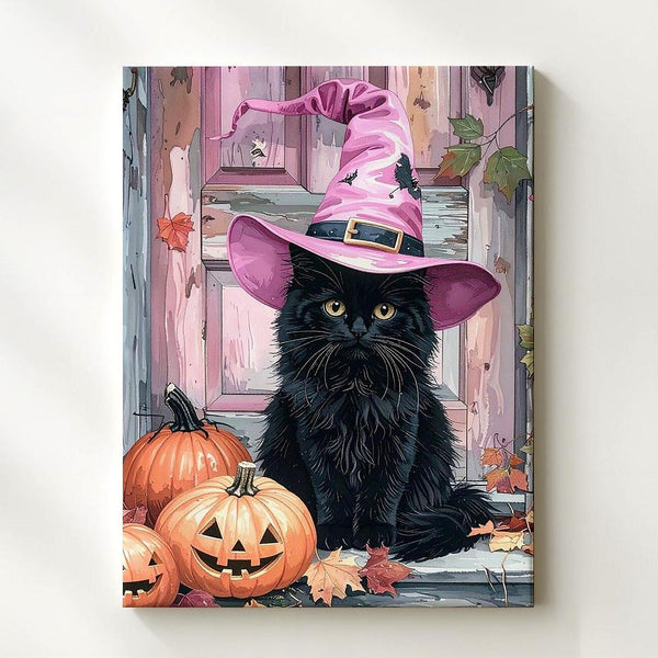 Fluffy Black Cat Porch Canvas – Pink Witch Hat & Pumpkin Autumn Scene - Gifitto