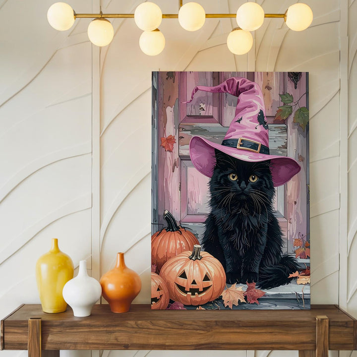 Fluffy Black Cat Porch Canvas – Pink Witch Hat & Pumpkin Autumn Scene - Gifitto