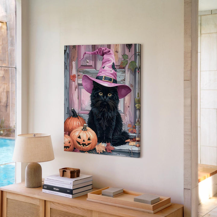 Fluffy Black Cat Porch Canvas – Pink Witch Hat & Pumpkin Autumn Scene - Gifitto