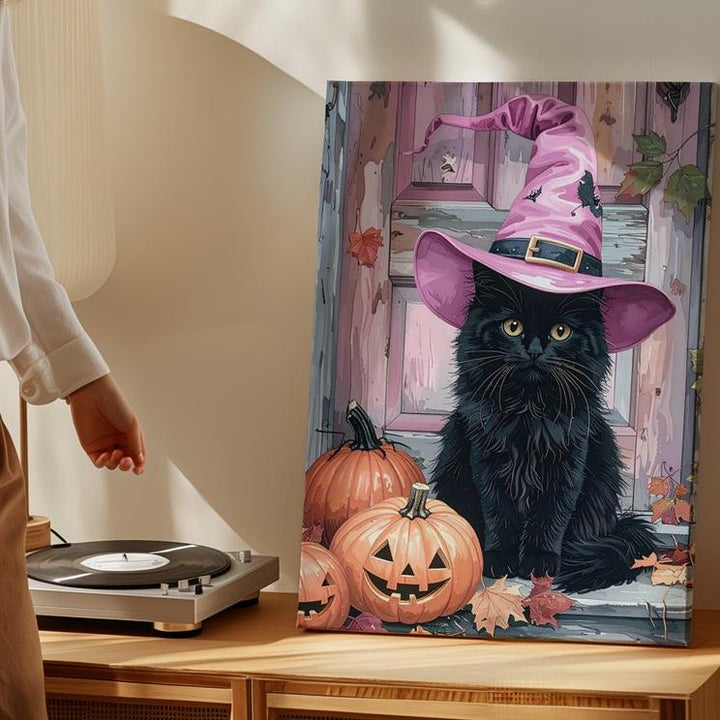 Fluffy Black Cat Porch Canvas – Pink Witch Hat & Pumpkin Autumn Scene - Gifitto
