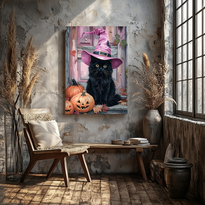 Fluffy Black Cat Porch Canvas – Pink Witch Hat & Pumpkin Autumn Scene - Gifitto