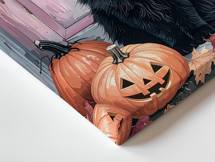 Fluffy Black Cat Porch Canvas – Pink Witch Hat & Pumpkin Autumn Scene - Gifitto