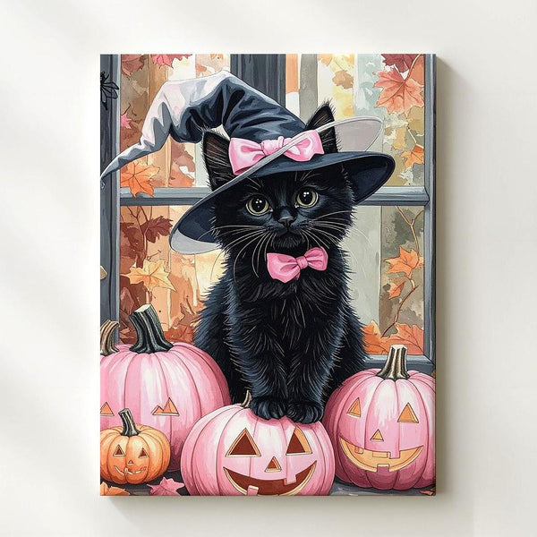 Fluffy Black Kitten Canvas – Pink Witch Hat & Jack-O’-Lantern Halloween Art - Gifitto